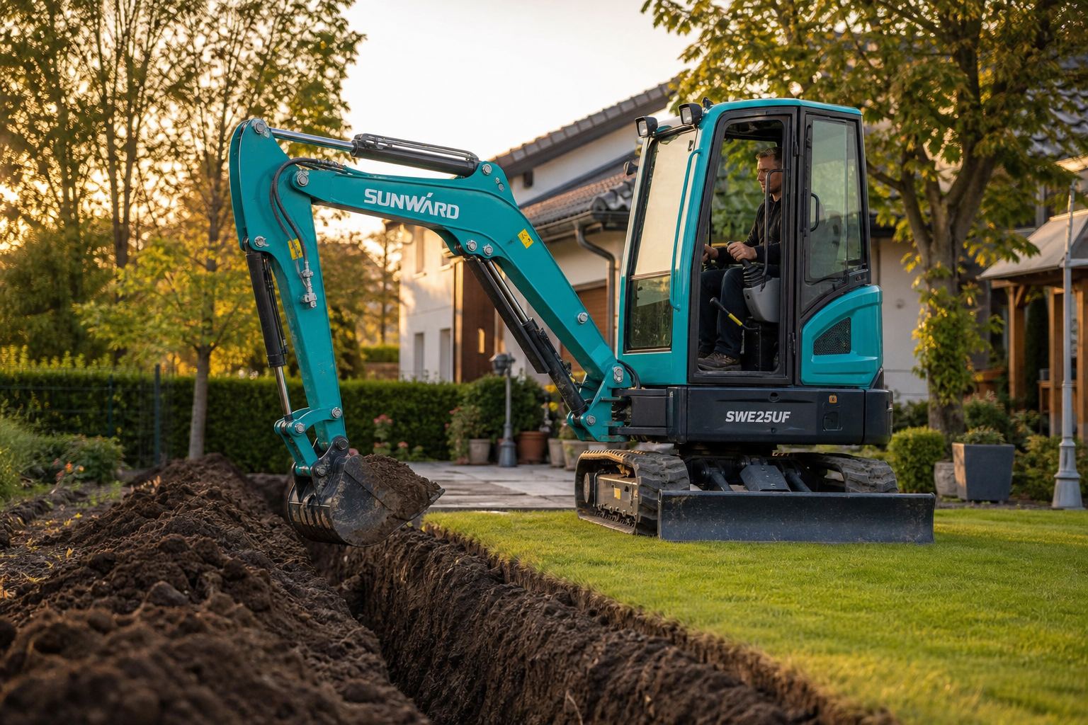 Sunward Minibagger bei Gartenarbeiten